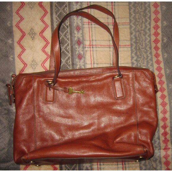 Fossil Large Leather Tote Shoulder Bag Handbag Purse Brown Zipper Pockets Key - Picture 1 of 4